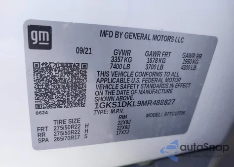 2021 GMC Yukon 2Wd Denali z USA, uszkodzony, nr VIN 1GKS1DKL9MR488827